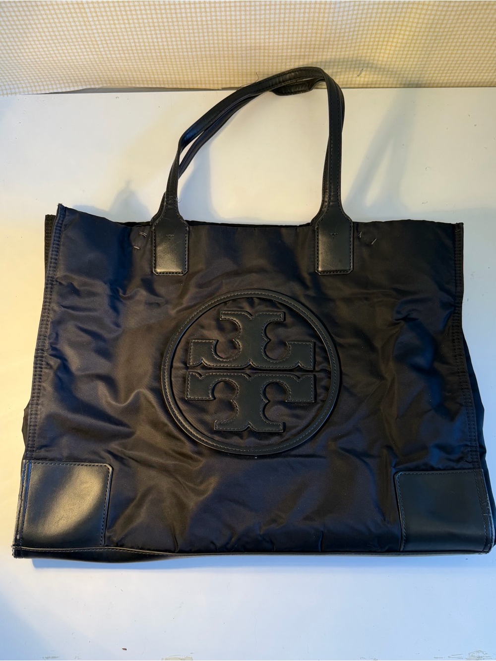Tory Burch Black Nylon Logo Tote with Leather Trim